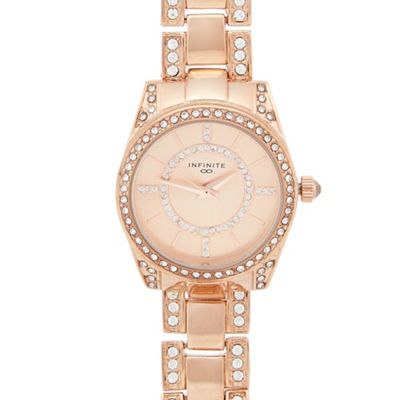 Ladies rose gold plated stone encrusted round watch